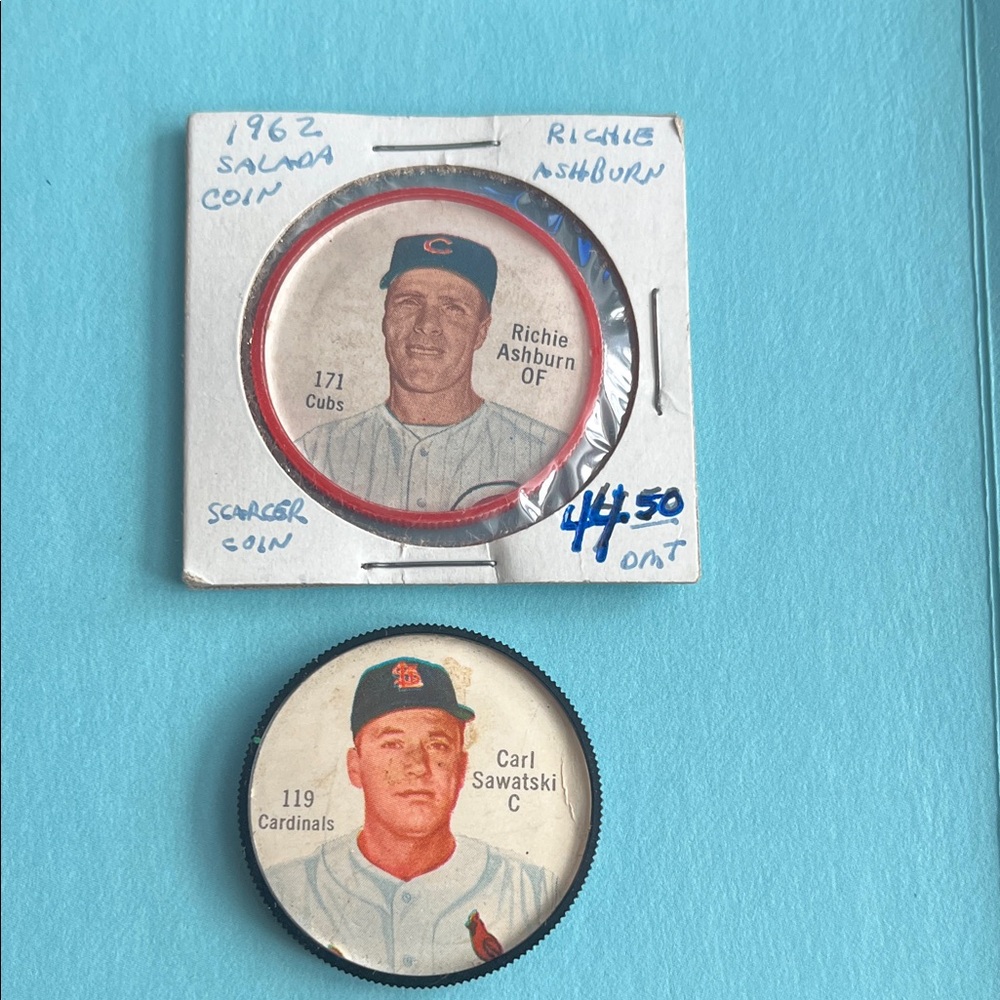 1962 Salada Tea / Junket Desserts Baseball Coins Richie Ashburn & Carl Sawatski